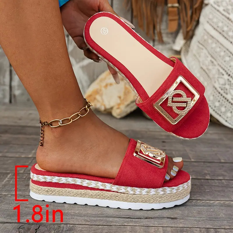 Women's Platform Beach Sandals with Grass Trim Detail
