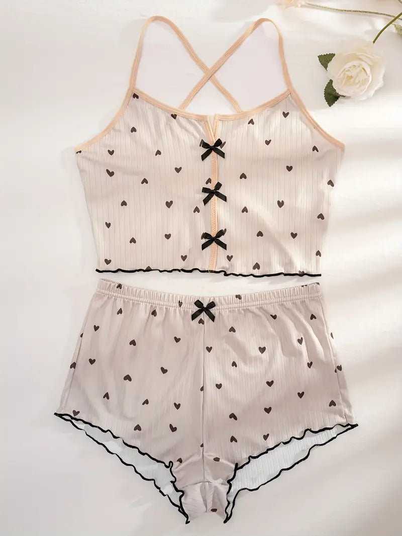Women's Heart Print Ribbed Pajama Set - Crop Top & Shorts