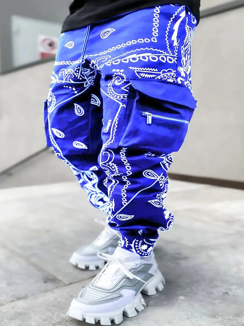 Men's Geometric Print Cargo Pants - Loose Fit Athletic Joggers
