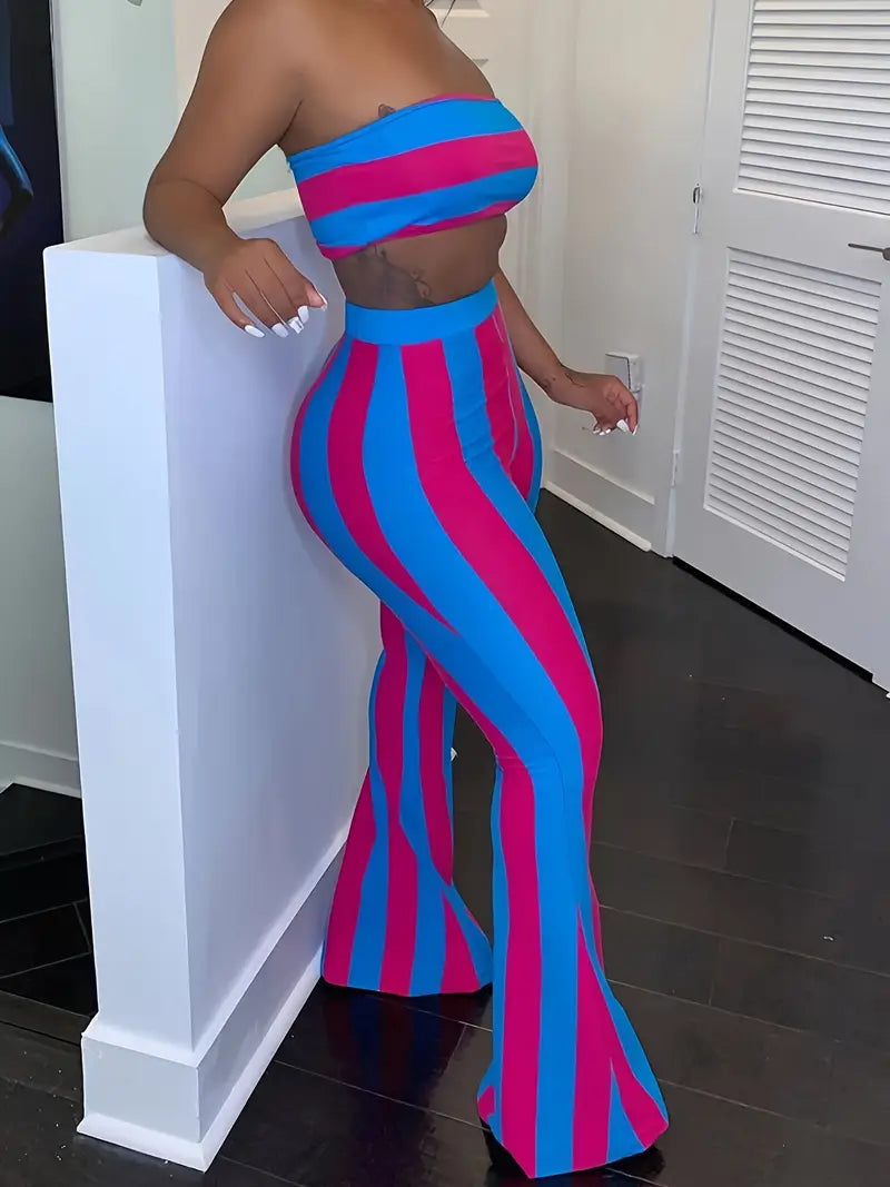 Women's Striped Tube Top & Flare Pants Set