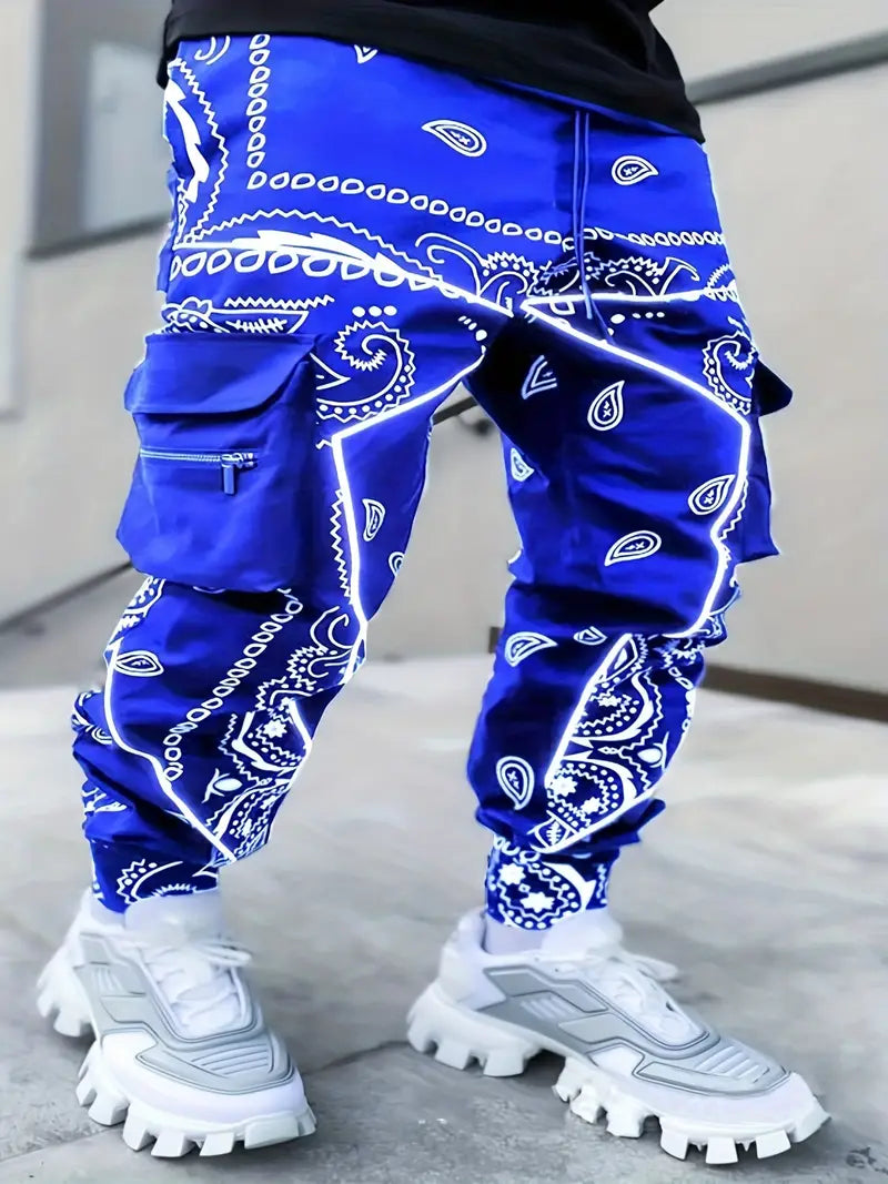 Men's Geometric Print Cargo Pants - Loose Fit Athletic Joggers