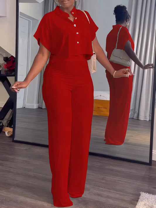 Women's Summer 2-Piece Set - Button Crop Top & Wide Leg Pants