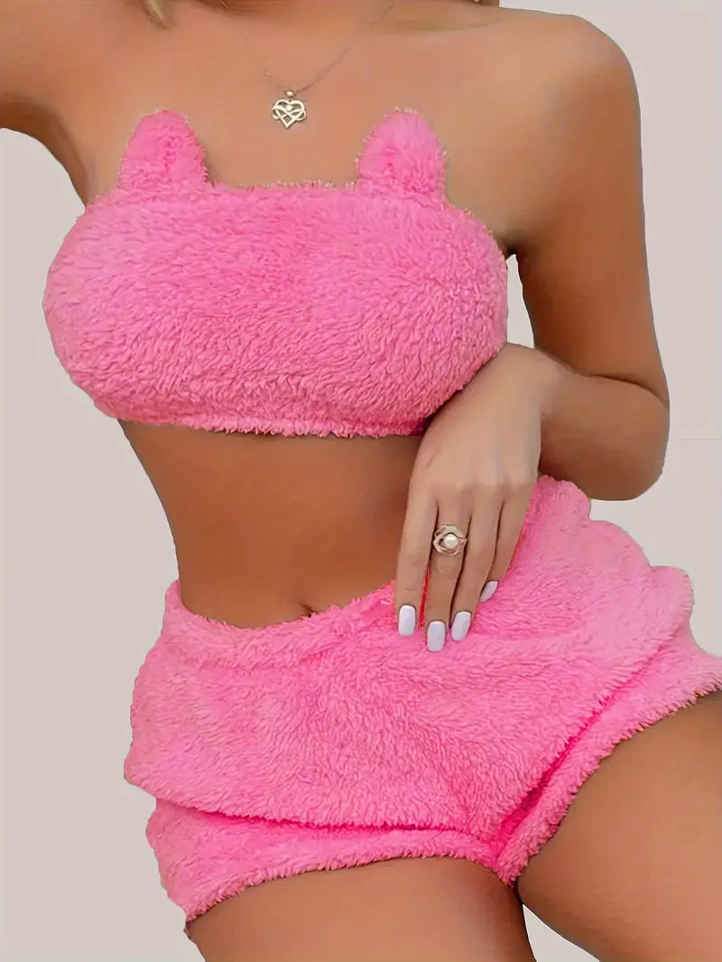 Ensemble de détente en peluche solide et sexy, haut court tube et short élastique, vêtements de détente pour femmes pour l'automne et l'hiver