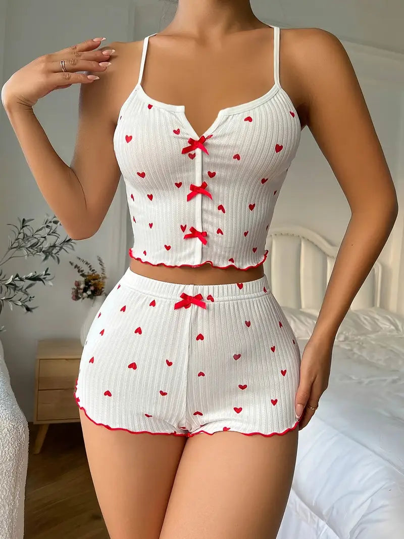 Women's Heart Print Ribbed Pajama Set - Crop Top & Shorts