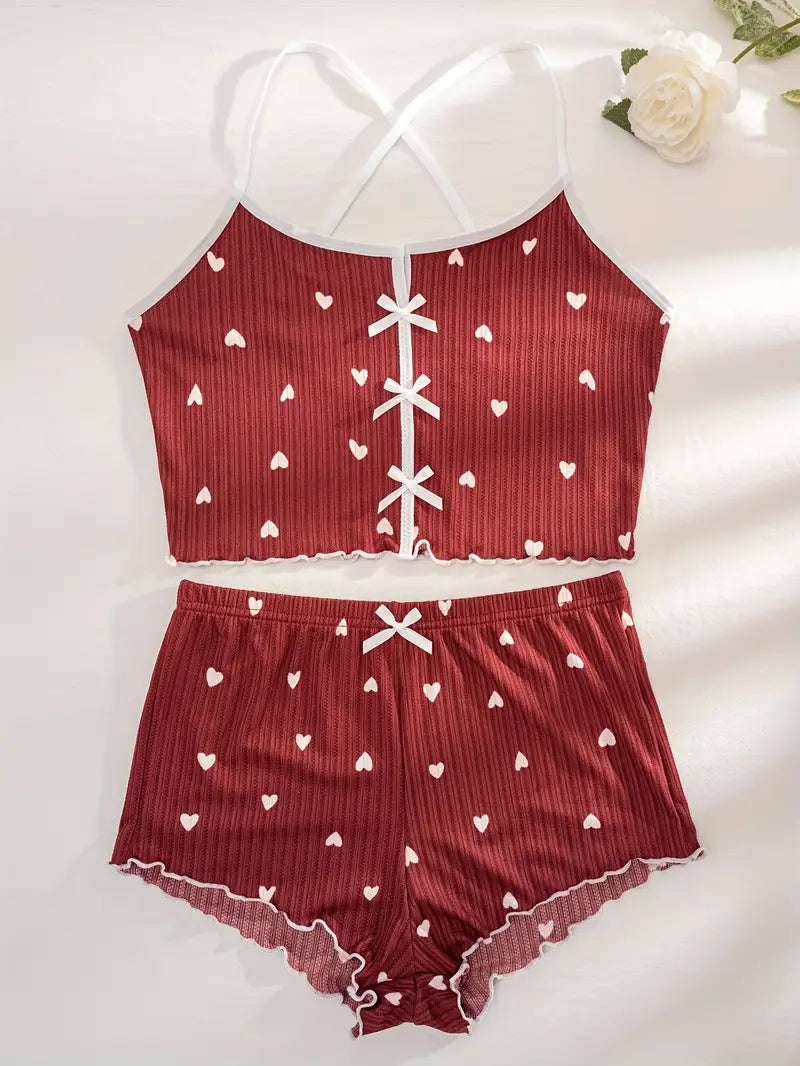 Women's Heart Print Ribbed Pajama Set - Crop Top & Shorts