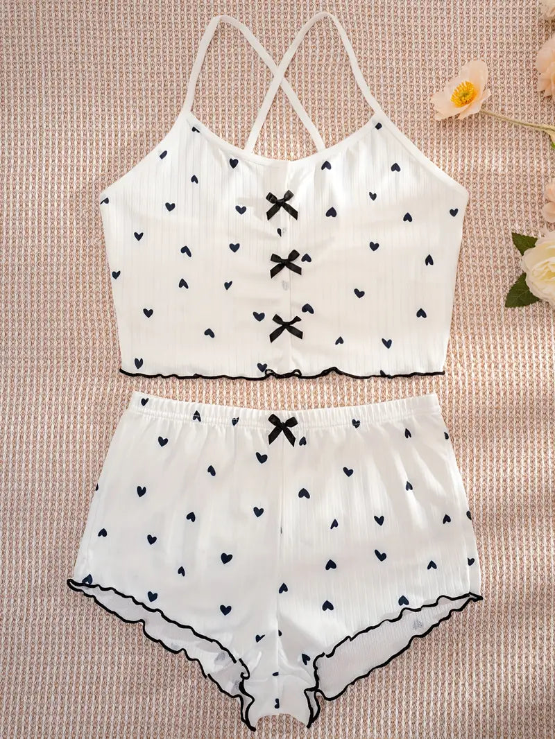 Women's Heart Print Ribbed Pajama Set - Crop Top & Shorts