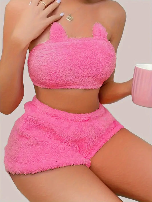 Ensemble de détente en peluche solide et sexy, haut court tube et short élastique, vêtements de détente pour femmes pour l'automne et l'hiver