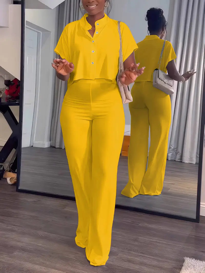 Women's Summer 2-Piece Set - Button Crop Top & Wide Leg Pants