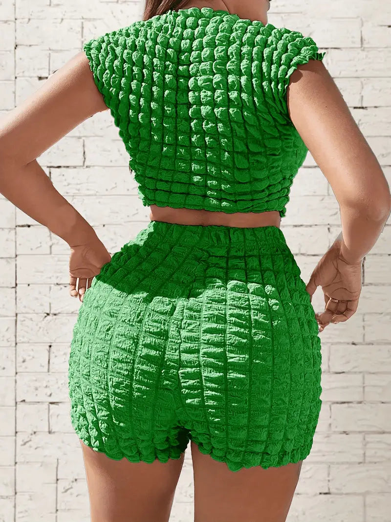 Ensemble Chic de Top Court et Shorts Couleur Popcorn - Taille Haute, Mélange de Polyester Extensible, Lavable en Machine - Idéal pour le Printemps/Été