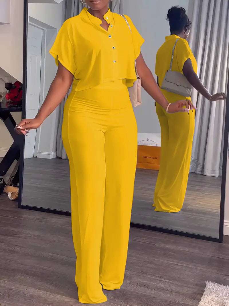 Women's Summer 2-Piece Set - Button Crop Top & Wide Leg Pants