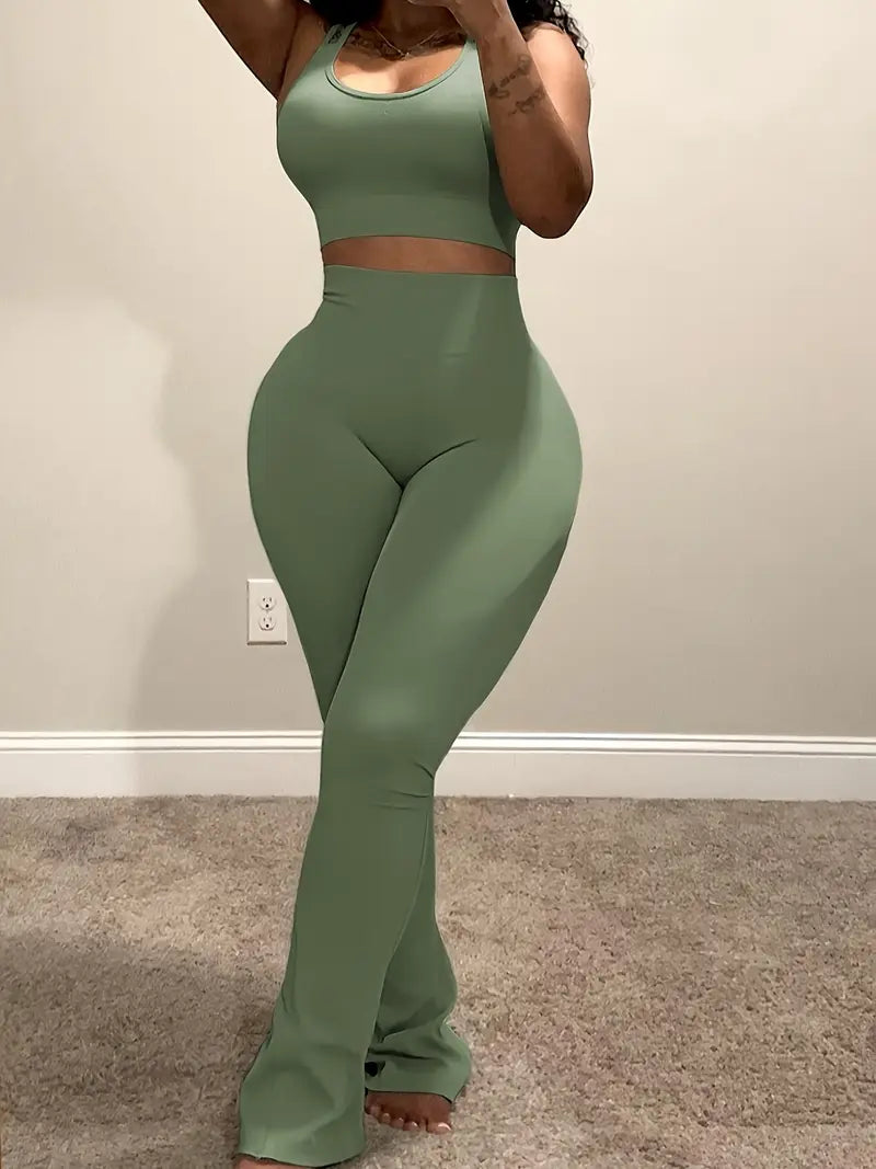 Women's Casual 2-Piece Set - Strap Crop Top & High Waist Flare Pants