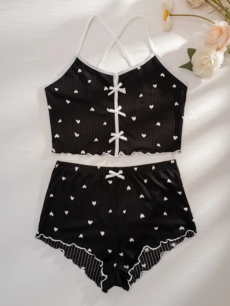 Women's Heart Print Ribbed Pajama Set - Crop Top & Shorts