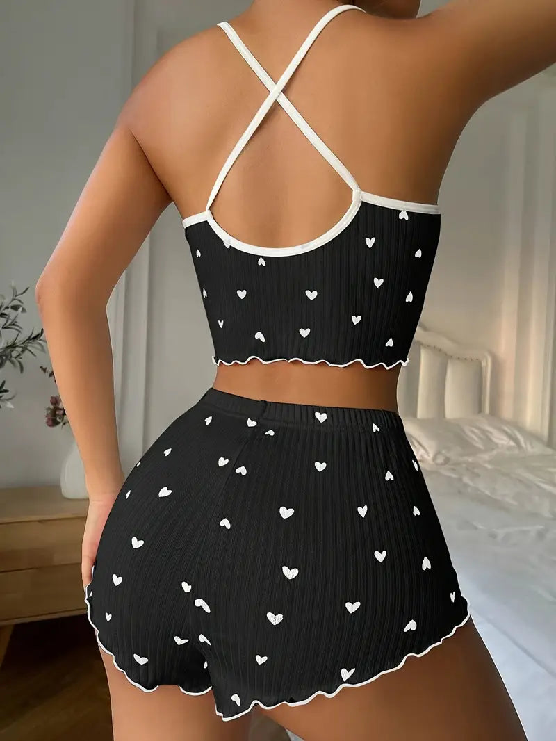 Women's Heart Print Ribbed Pajama Set - Crop Top & Shorts