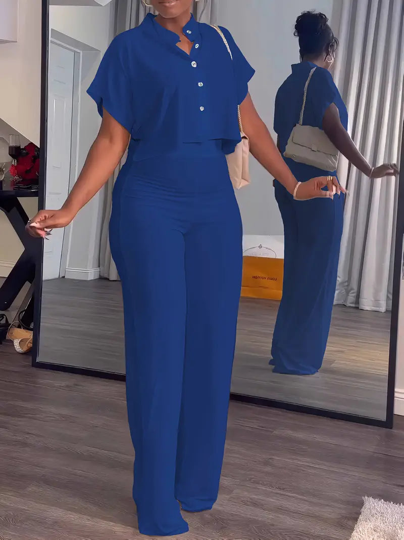Women's Summer 2-Piece Set - Button Crop Top & Wide Leg Pants