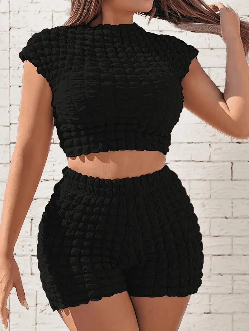 Ensemble Chic de Top Court et Shorts Couleur Popcorn - Taille Haute, Mélange de Polyester Extensible, Lavable en Machine - Idéal pour le Printemps/Été