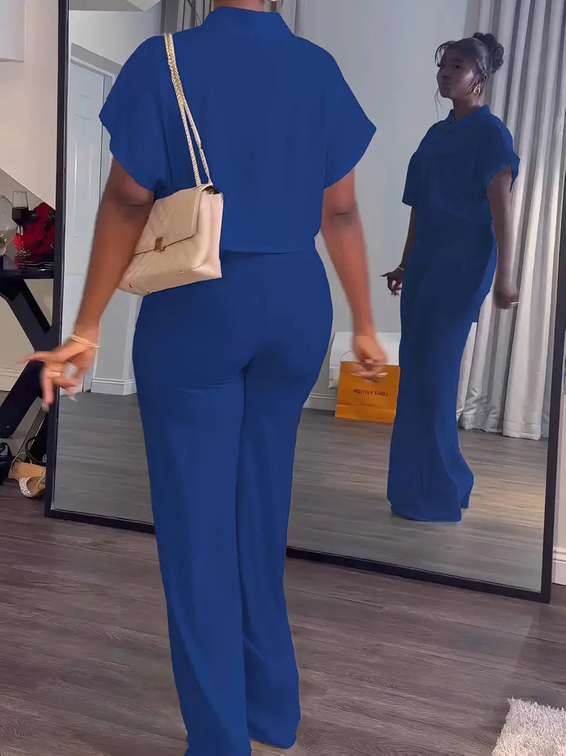 Women's Summer 2-Piece Set - Button Crop Top & Wide Leg Pants