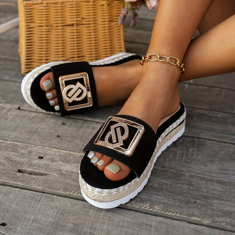 Women's Platform Beach Sandals with Grass Trim Detail