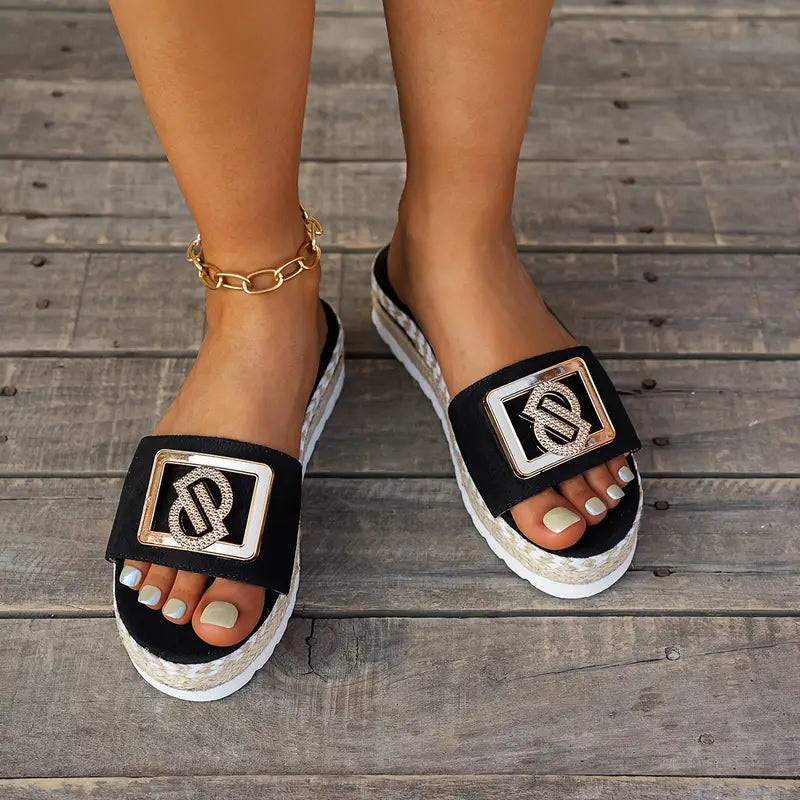 Women's Platform Beach Sandals with Grass Trim Detail