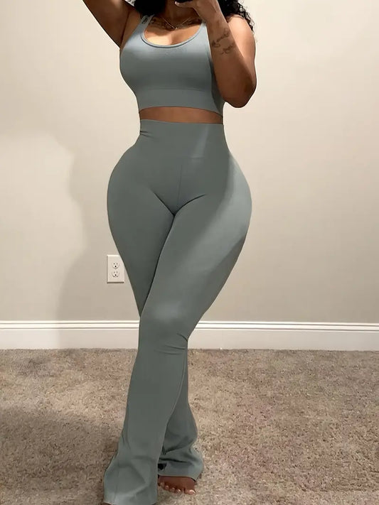 Women's Casual 2-Piece Set - Strap Crop Top & High Waist Flare Pants