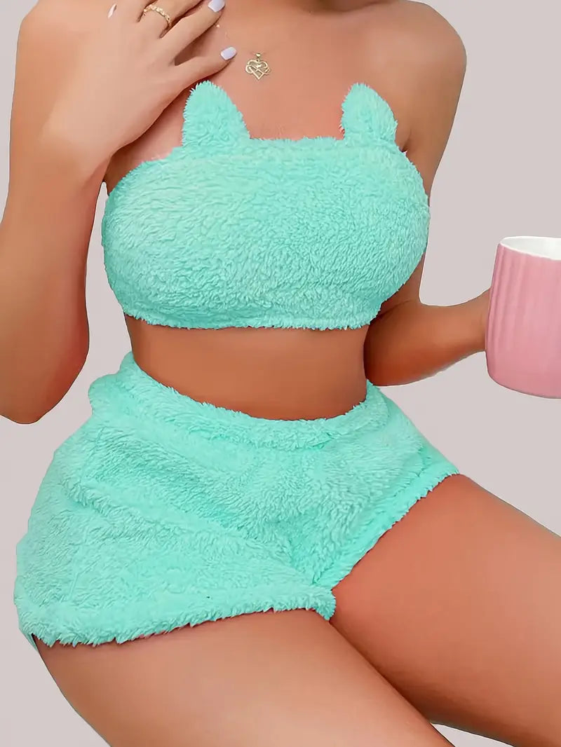 Ensemble de détente en peluche solide et sexy, haut court tube et short élastique, vêtements de détente pour femmes pour l'automne et l'hiver