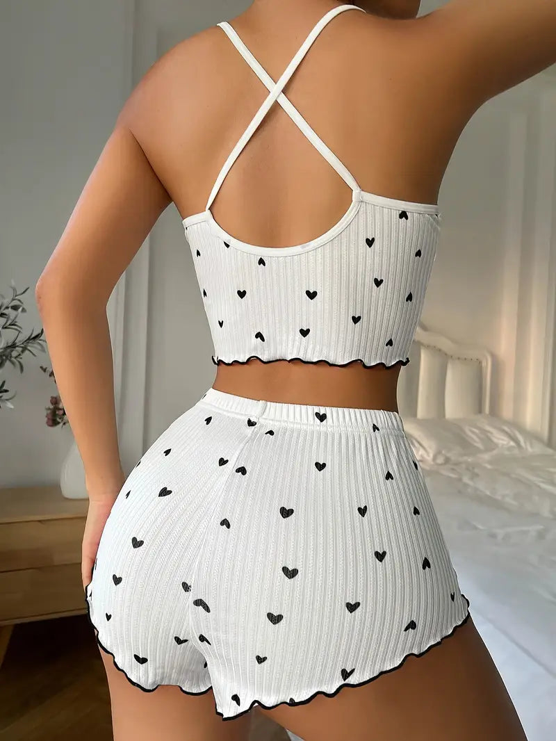 Women's Heart Print Ribbed Pajama Set - Crop Top & Shorts